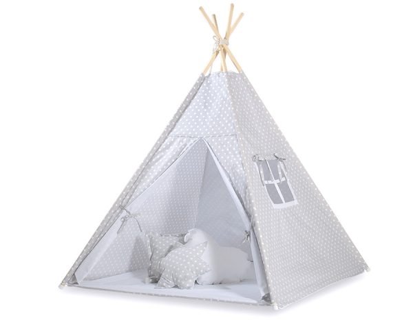 Teepee tent for kids +play mat + decorative feathers - White dots on grey - Image 3