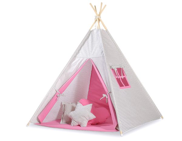 Teepee tent for kids + decorative feathers - Grey checkered- pink - Image 2