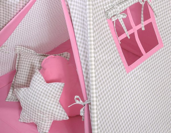 Teepee tent for kids + decorative feathers - Grey checkered- pink - Image 4
