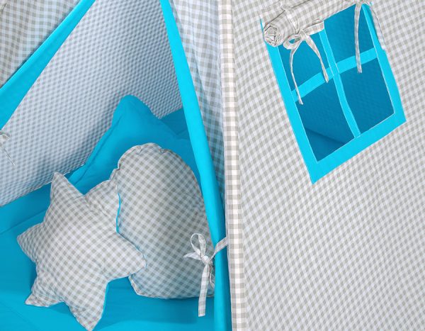 Teepee tent for kids + decorative feathers - Grey checkered- turquoise - Image 3