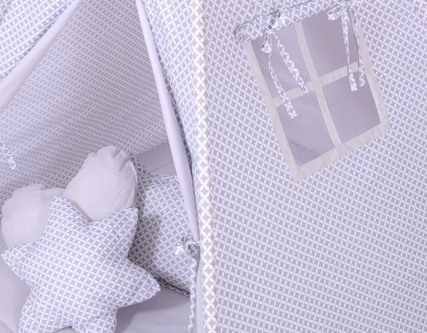 Teepee tent for kids + playmat + pillows + decorative feathers - Grey rosette - Image 4