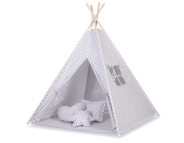 Teepee tent for kids + decorative feathers - Gray cross pattern - Image 2