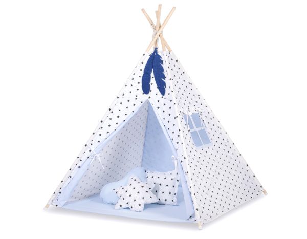 Teepee tent for kids + playmat + pillows + decorative feathers - Black Stars/blue