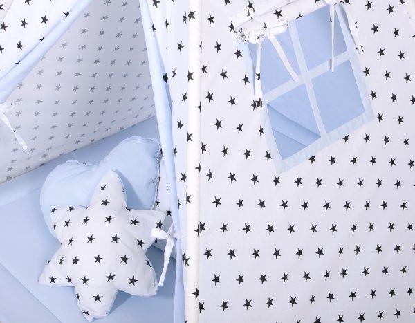 Teepee tent for kids + playmat + pillows + decorative feathers - Black Stars/blue - Image 4