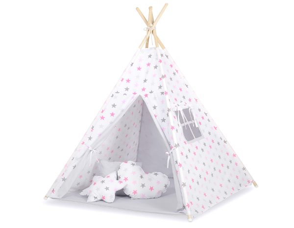 Teepee tent for kids + decorative feathers - Grey-pink stars/grey - Image 2