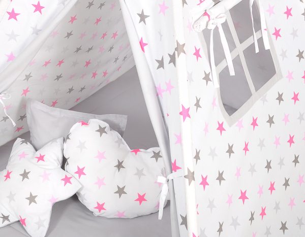 Teepee tent for kids + playmat + pillows + decorative feathers - Stars pink-grey/grey - Image 3