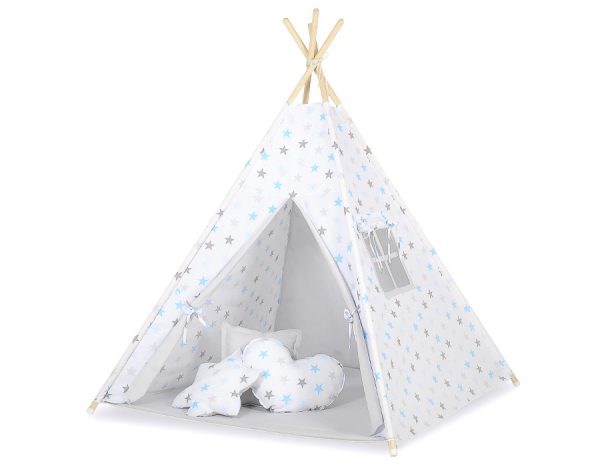 Teepee tent for kids +play mat + decorative feathers - Grey-blau stars/grey - Image 3