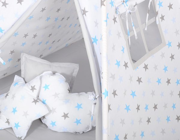 Teepee tent for kids +play mat + decorative feathers - Grey-blau stars/grey - Image 5