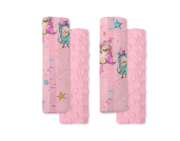 Double sided pads BOBONO for seat belts - owls pink-mint