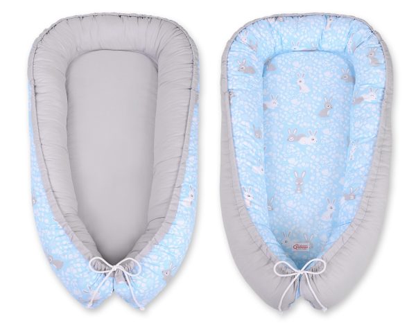 Baby nest double-sided Premium Cocoon for infants BOBONO- blue rabbits/gray - Image 5