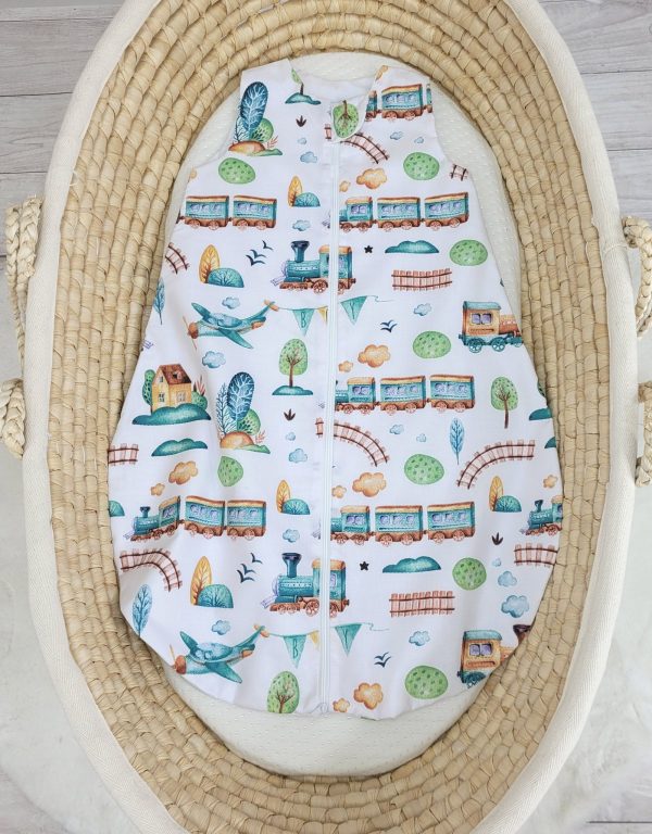 Cotton baby sleeping bag S 0-6 months for summer TOG 1.0 - turquoise train - Image 2