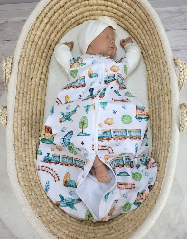 Cotton baby sleeping bag S 0-6 months for summer TOG 1.0 - turquoise train - Image 3