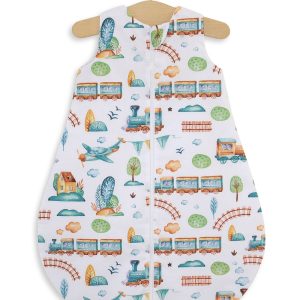 Cotton baby sleeping bag S 0-6 months for summer TOG 1.0 - turquoise train