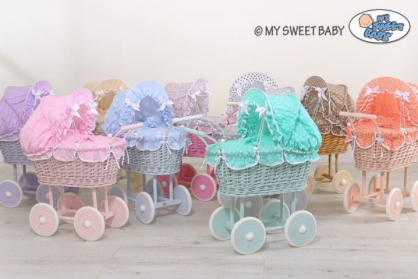 Wicker dolls' pram with white-black bedding and padding - white - Image 4
