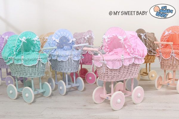 Wicker dolls' pram with pink bedding and padding - grey - Image 3