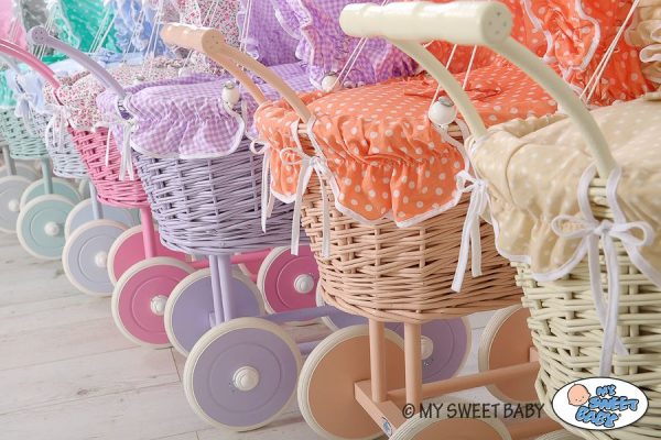 Wicker dolls' pram with peach bedding and padding - white - Image 5