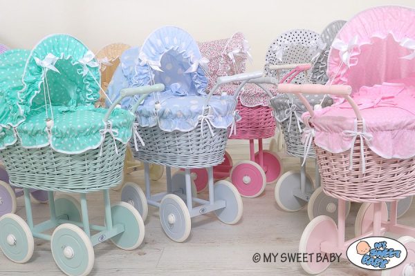 Wicker dolls' pram with blau bedding and padding - white - Image 4