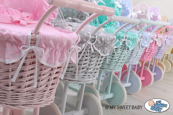 Wicker dolls' pram with pink bedding and padding - grey - Image 4