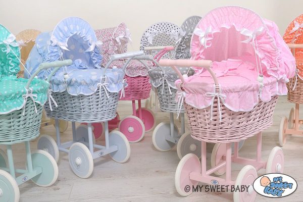 Wicker dolls' pram with blue bedding and padding - natural - Image 4