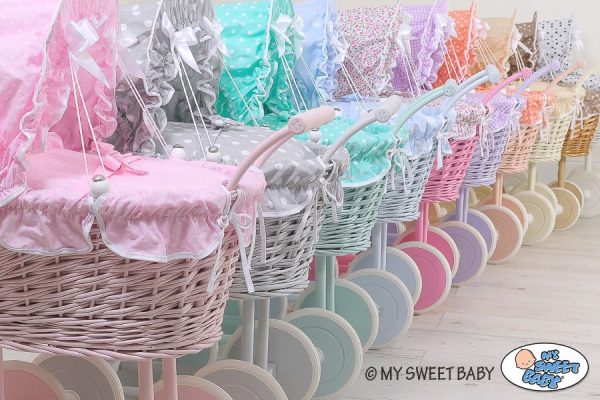 Wicker dolls' pram with blue bedding and padding - white - Image 3