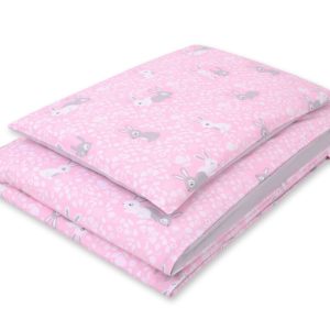 Baby cotton bedding set 2-pcs 135x100 cm- pink rabbits/grey