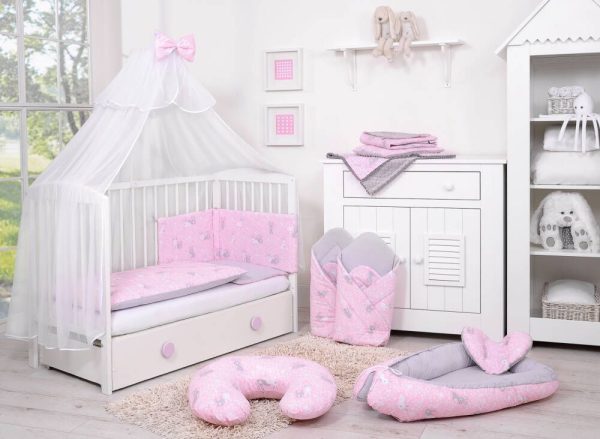 Baby cotton bedding set 2-pcs 135x100 cm- pink rabbits/grey - Image 3