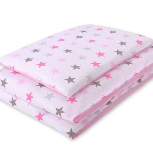 Baby cotton bedding set 2-pcs 120x90 cm- stars gray - pink /pink