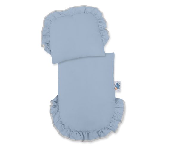 Wicker doll pushchair grey with pastel blue bedding and soft padding - Image 3