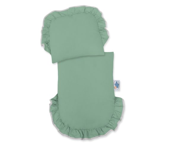 Wicker doll pushchair grey with pastel green bedding and soft padding - Image 3