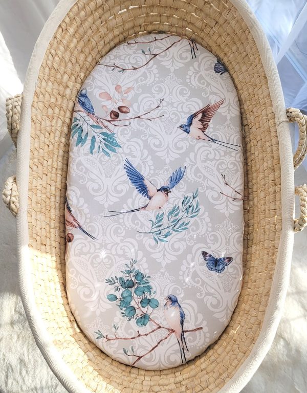Sheet made of cotton for moses basket mattress 75x35 cm - Blue birds - Image 2