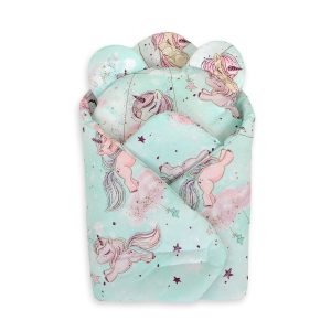Doll's swaddling cone with pillow - unicorn mint