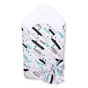 Double-sided baby nest with bow - gray and turquoise cars