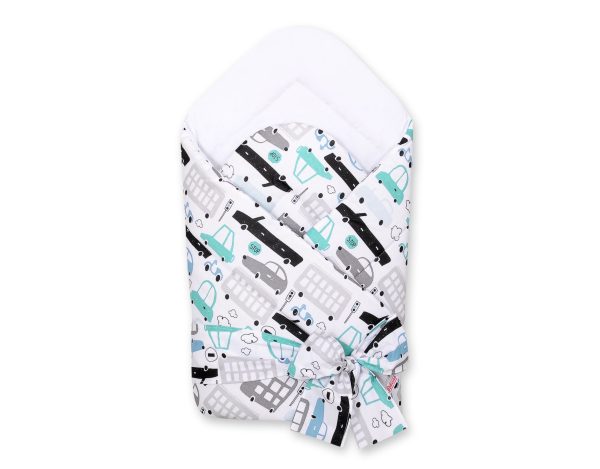 Double-sided baby nest with bow - gray and turquoise cars