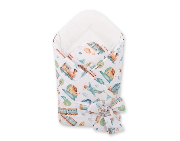 Double-sided baby nest with bow - turquoise train