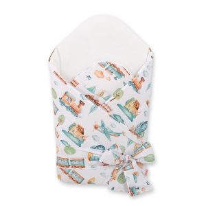 Baby nest with stiffening with bow - turquoise train