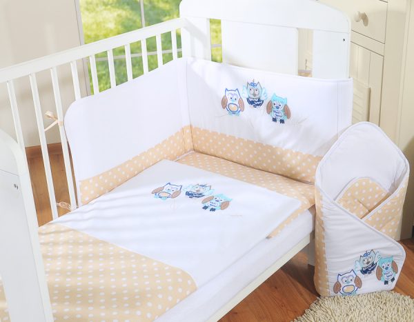 Baby bedding set 135x100 cm with bumper 3-pcs Beige owls with beige and blue embroidery - Image 2