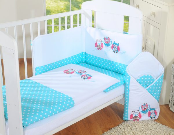 Baby bedding set 120x90 cm with bumper 3-pcs Turquoise Owls with pink and turquoise embroidery - Image 2