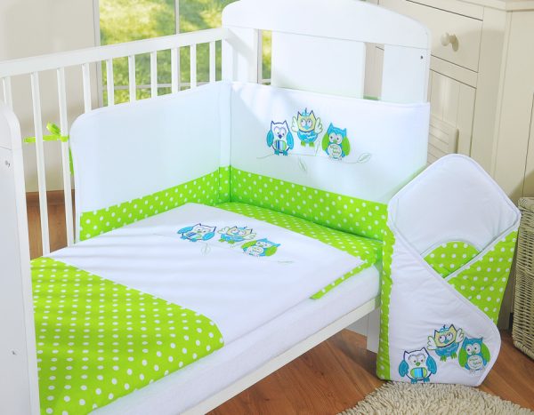 Baby bedding set 135x100 cm with bumper 3-pcs Green Owls with green and turquoise embroidery - Image 2