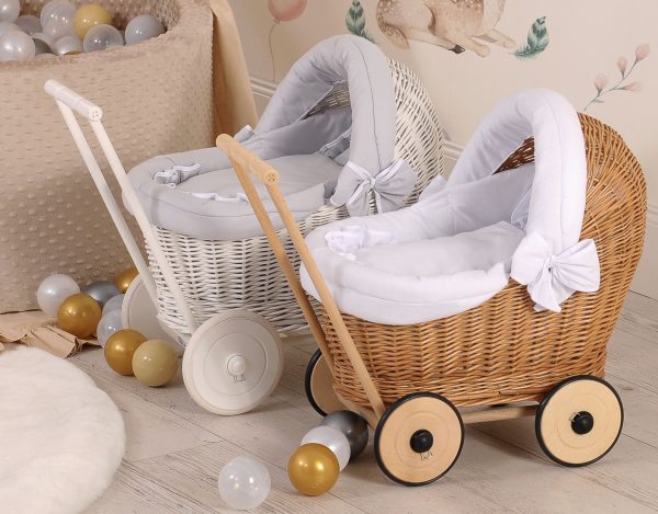 Wicker doll pushchair with white bedding and soft padding - natural - Image 4