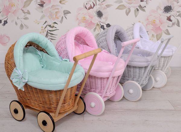 Wicker doll pushchair with mint bedding and soft padding - natural - Image 4
