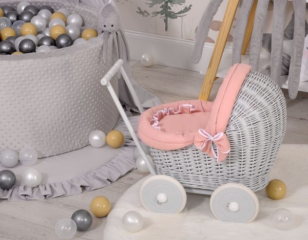 Wicker doll pushchair grey with old pink bedding and soft padding - Image 4