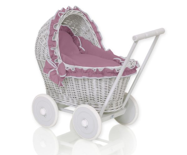 Wicker doll pushchair grey with pastel pink bedding and soft padding