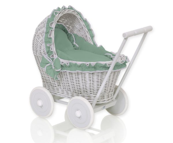 Wicker doll pushchair grey with pastel green bedding and soft padding