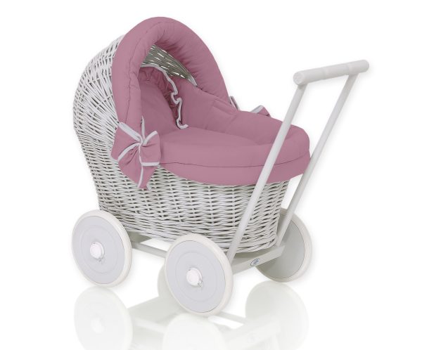 Wicker doll pushchair grey with pastel pink bedding and soft padding