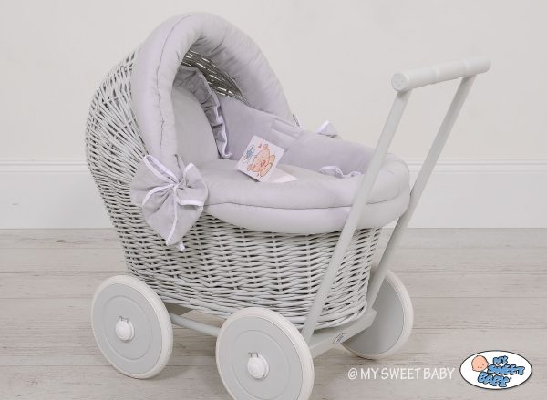 Wicker doll pushchair grey with grey bedding and soft padding - Image 4