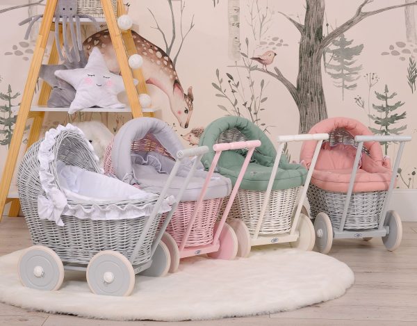 Wicker doll pushchair grey with old pink bedding and soft padding - Image 5