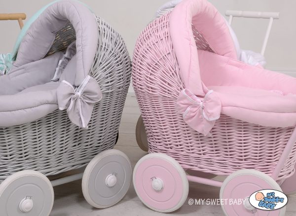 Wicker doll pushchair grey with grey bedding and soft padding - Image 6