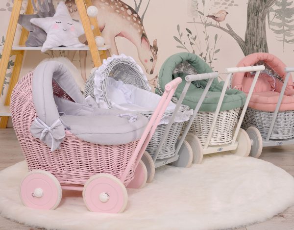 Wicker doll pushchair grey with pastel green bedding and soft padding - Image 4