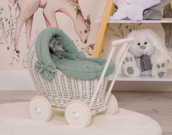 Wicker doll pushchair grey with pastel green bedding and soft padding - Image 5