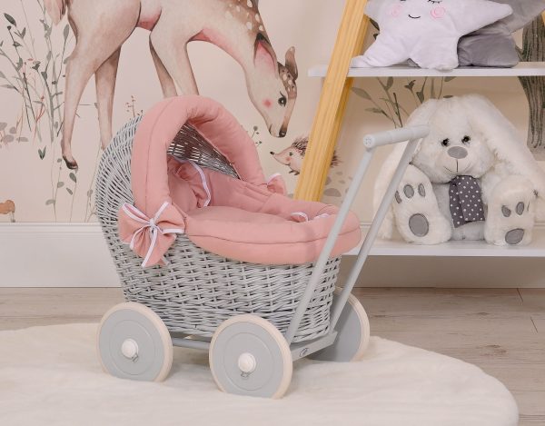 Wicker doll pushchair grey with old pink bedding and soft padding - Image 6